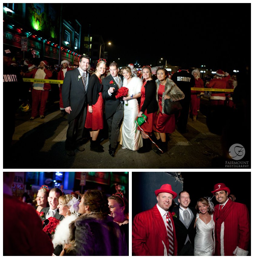 Bride & Groom with bridal party at the starting line of the Running of the Santas