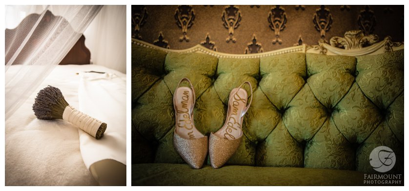 gold wedding shoes on a tufted green sofa, wedding bouquet made of lavender