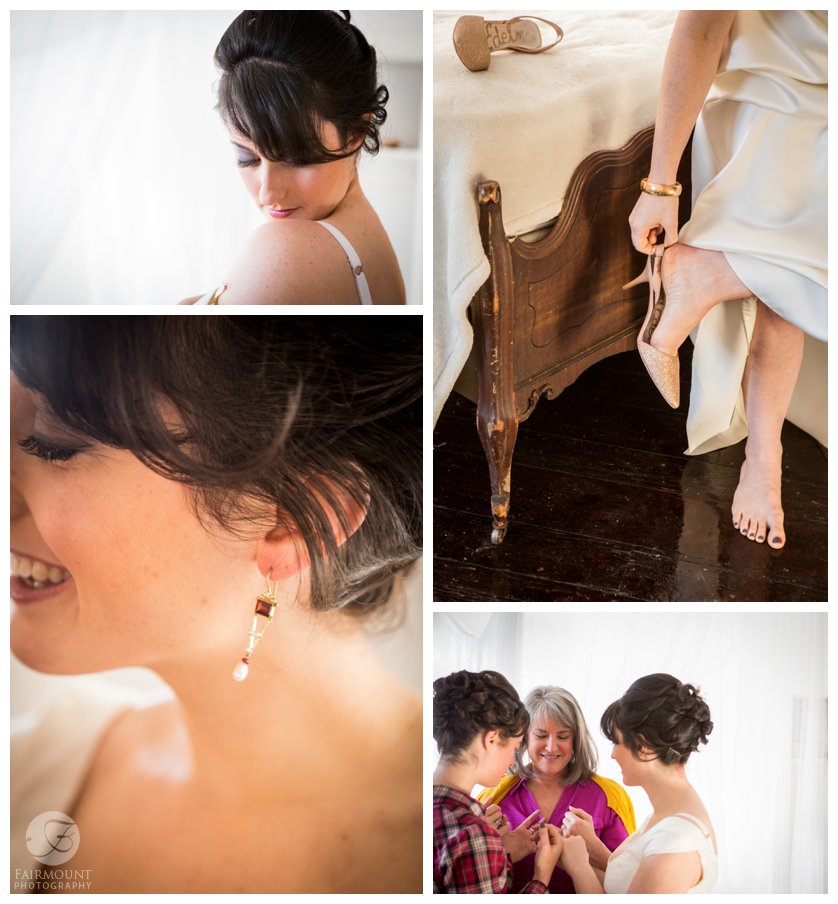 detail shots of bride getting ready in vintage wedding gown