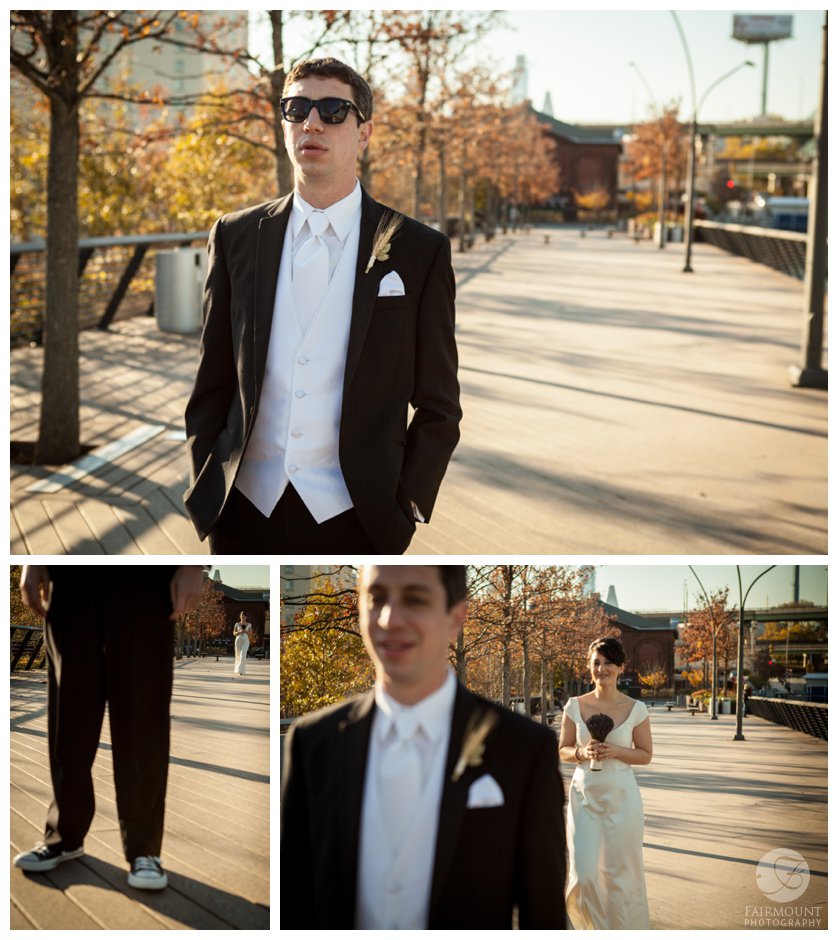 groom waits for bride at Race Street Pier for their first look