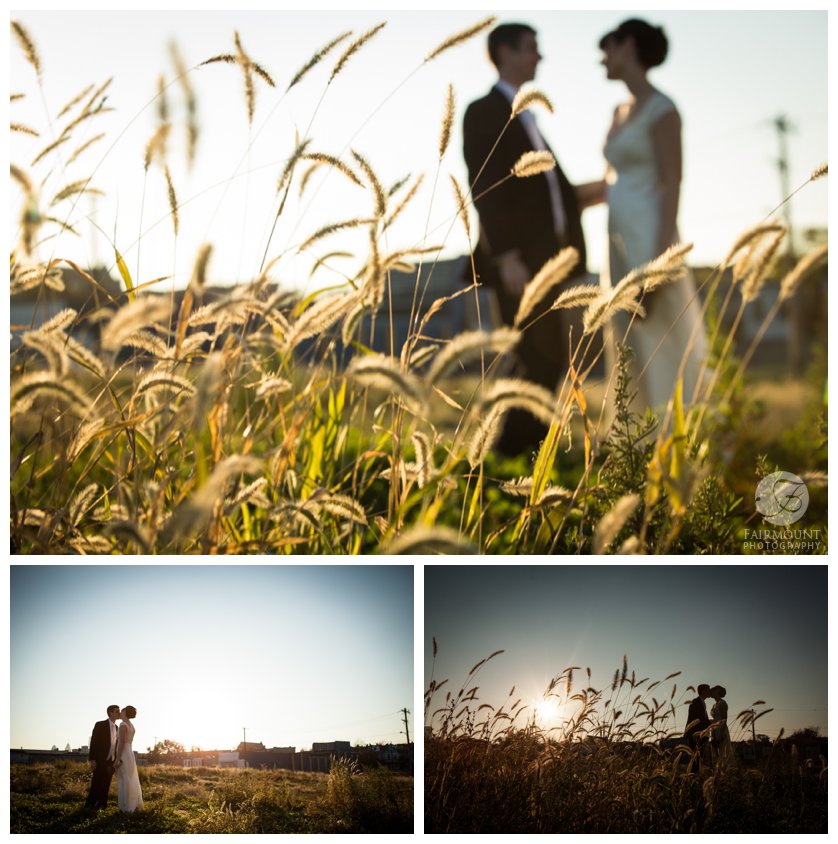 bride and groom in silhouette in field in North Philadelphia