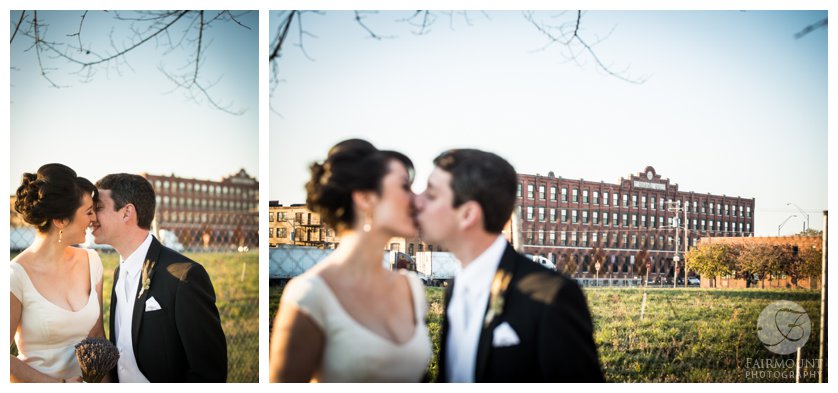 bride & groom in front of Crane Arts center in North Philadephia, PA