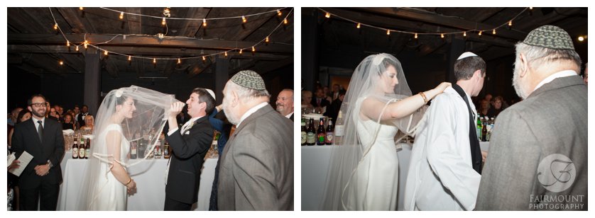 The groom lowers the bride's veil during the bedeken jewish ritual