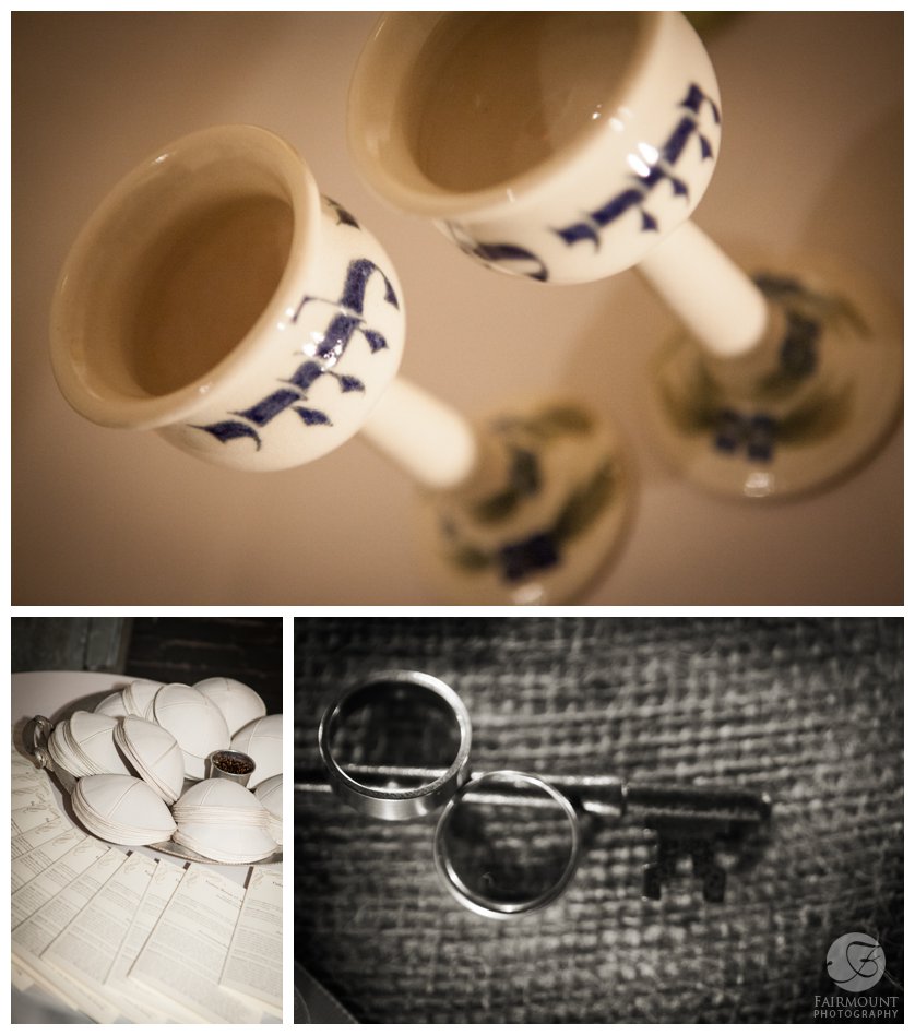 ceramic wine glasses, kippot and wedding rings