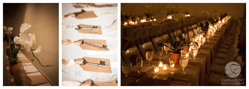 antique key place cards, long rows of tables with orchid centerpieces lit by candles