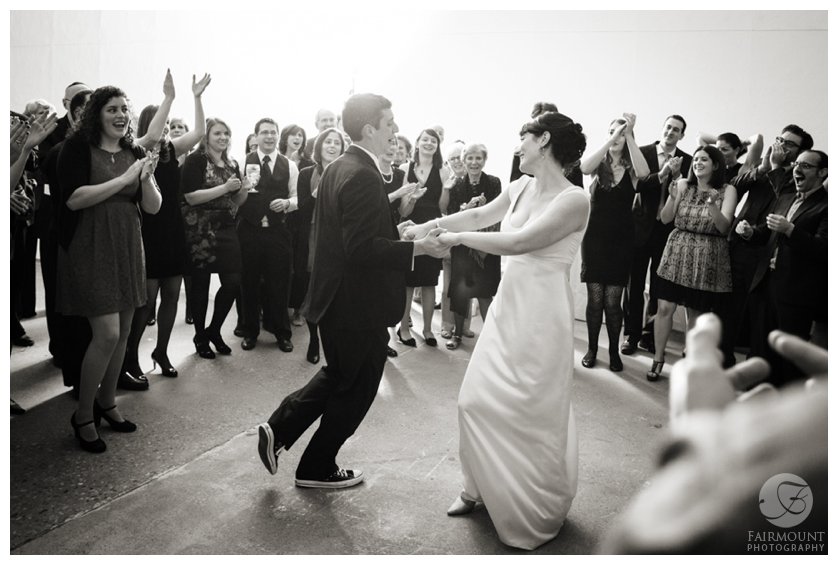 bride & groom dance during their wedding reception at Crane Arts Center