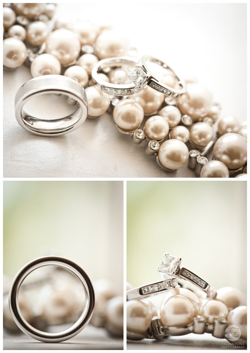 detail photos of bride and groom's wedding rings with pearl bracelet