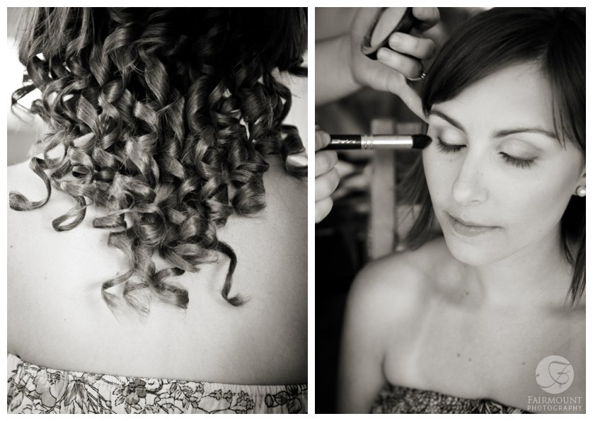 black & white photos of bride getting make-up applied and detail shot of curled hair