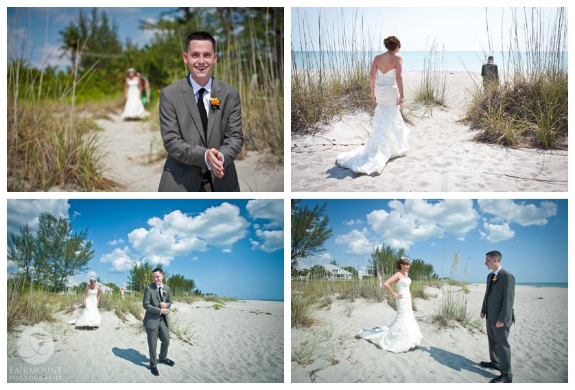 perfect blue sky and puffy clouds for a first look at Captiva for a destination wedding in Sanibel Island