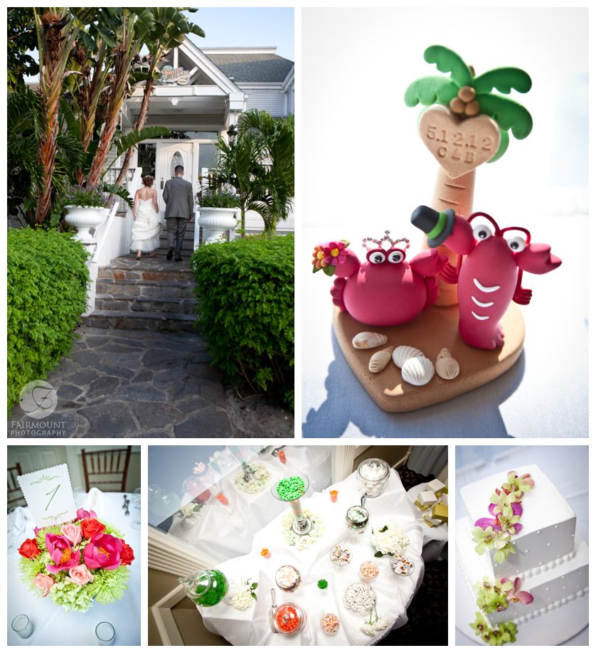 crab and lobster cake topper, white wedding cake with orchids, candy buffet and tropical colored centerpieces at Casa Ybel wedding reception