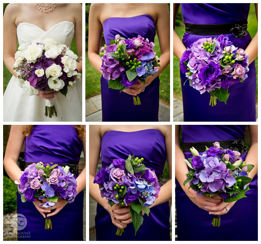 purple and green bridesmaids bouquets with lisianthus and purple roses