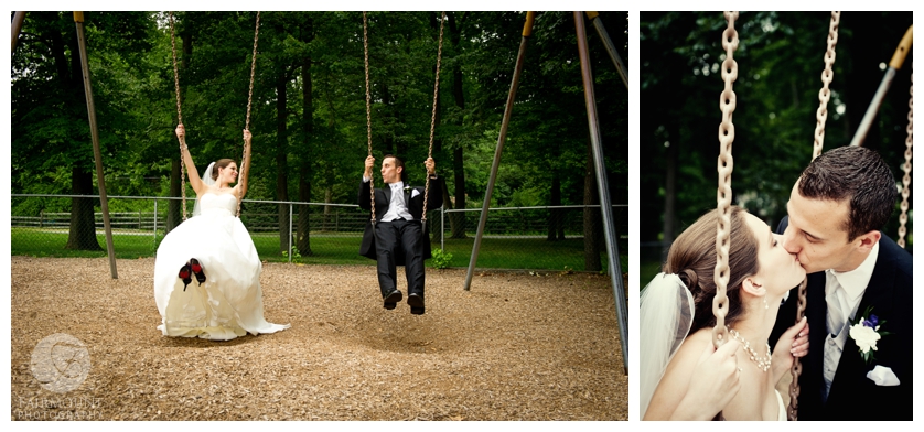 Bride and groom on swingset