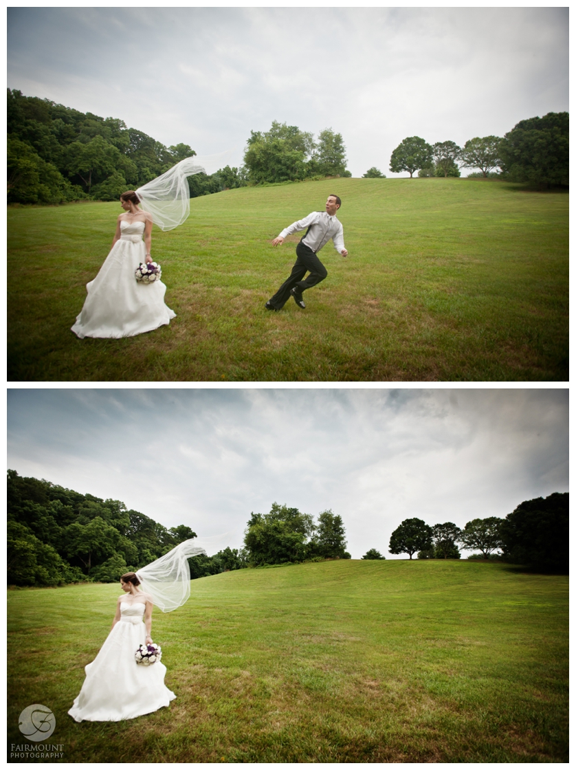 Brides veil flying in the wind