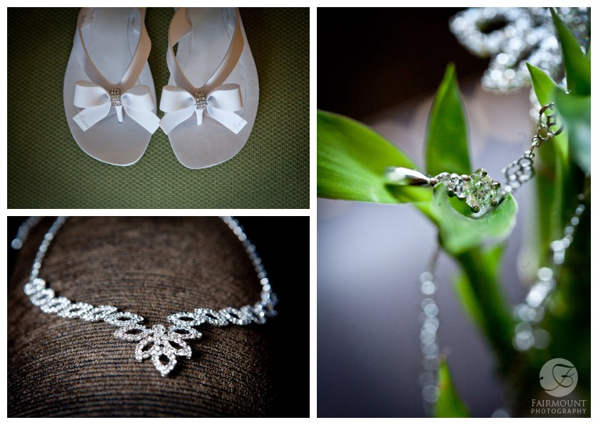 wedding flip-flops, bridal jewelry on bamboo plant