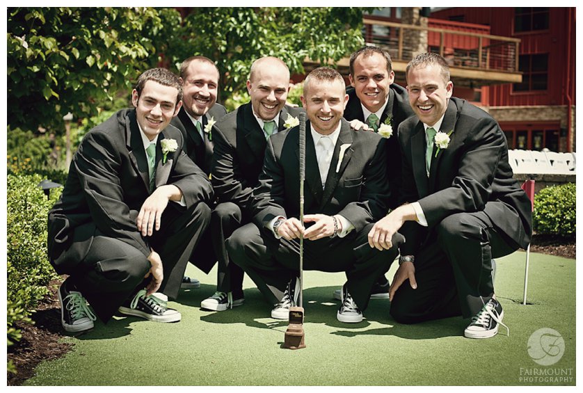 groomsmen portrait on the putting green at Bear Creek Mountain Resort in the Lehigh Valley