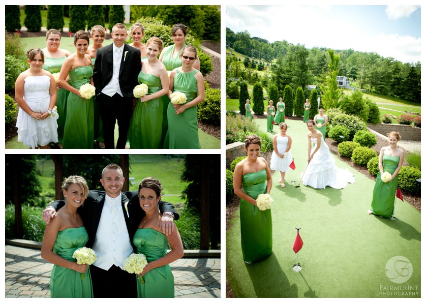 bride & bridesmaids on putting green, bridesmaids in floor-length green dresses