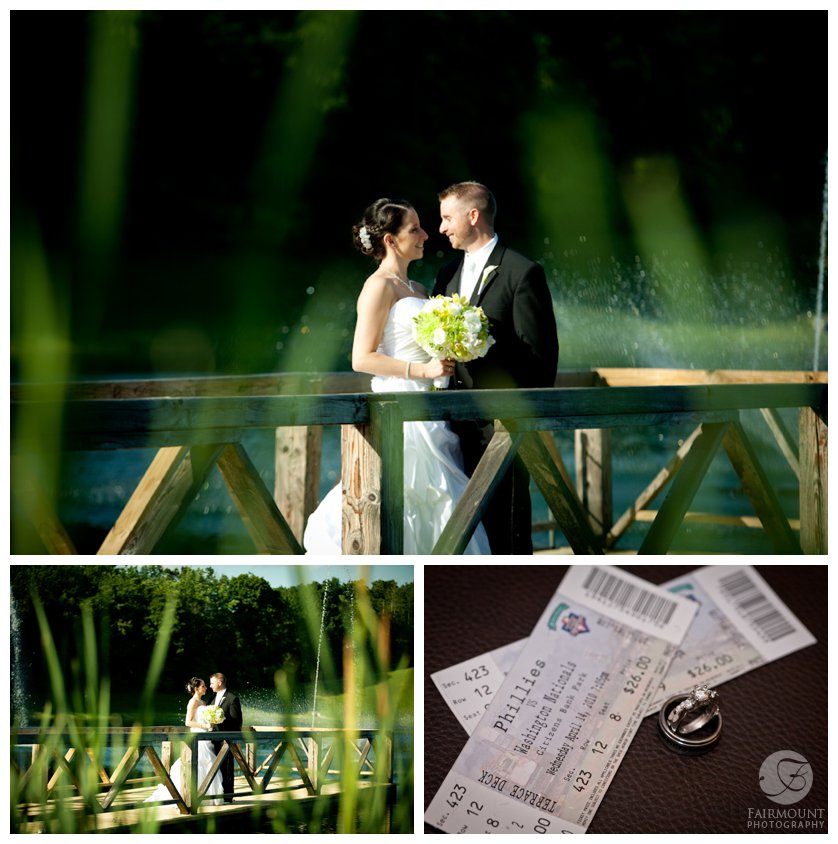 Bride & groom by the lake at Bear Creek Resort, also wedding rings with Phillies tickets