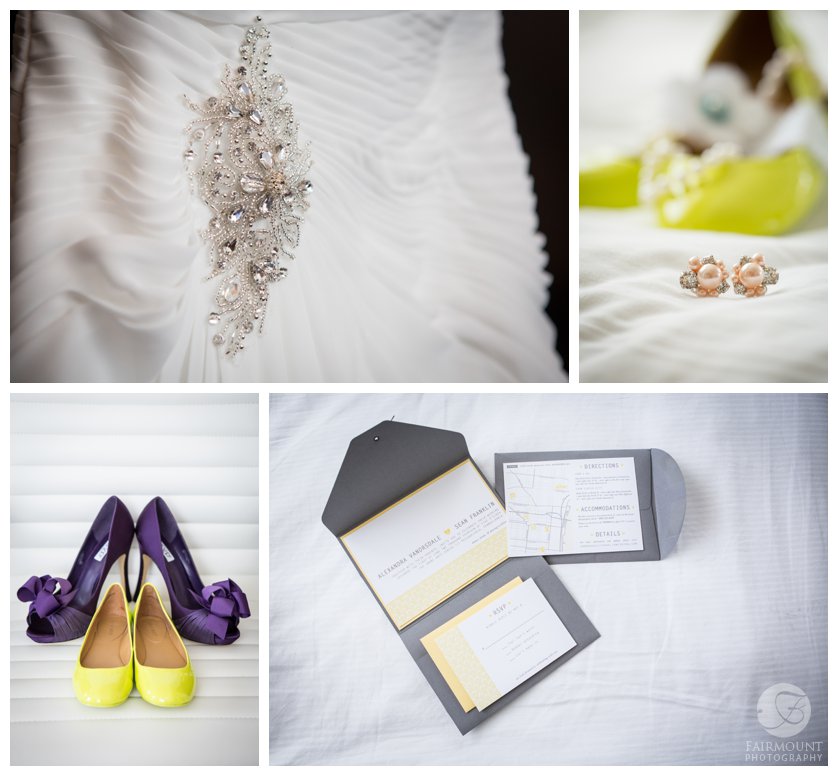 lime, yellow and gray wedding details, invitation and bride's shoes
