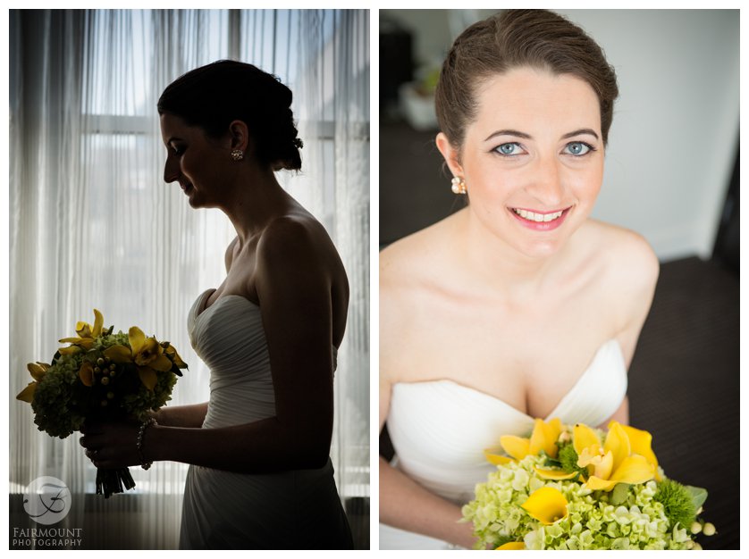 silhouette of bride, bride holds yellow wedding bouquet