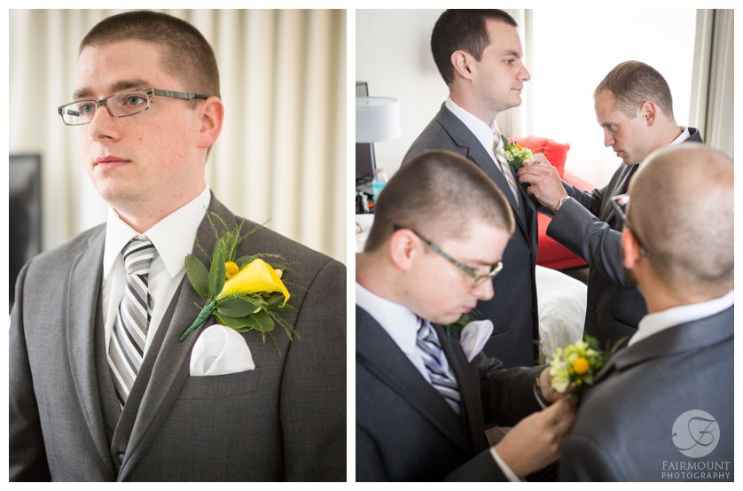 groom with yellow calla boutonniere