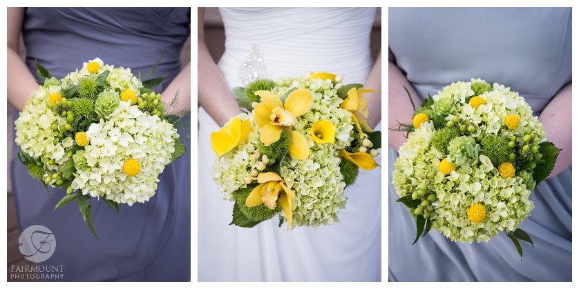 yellow wedding bouquets with yellow calla lillies and white hydrangea with gray bridesmaid dresses