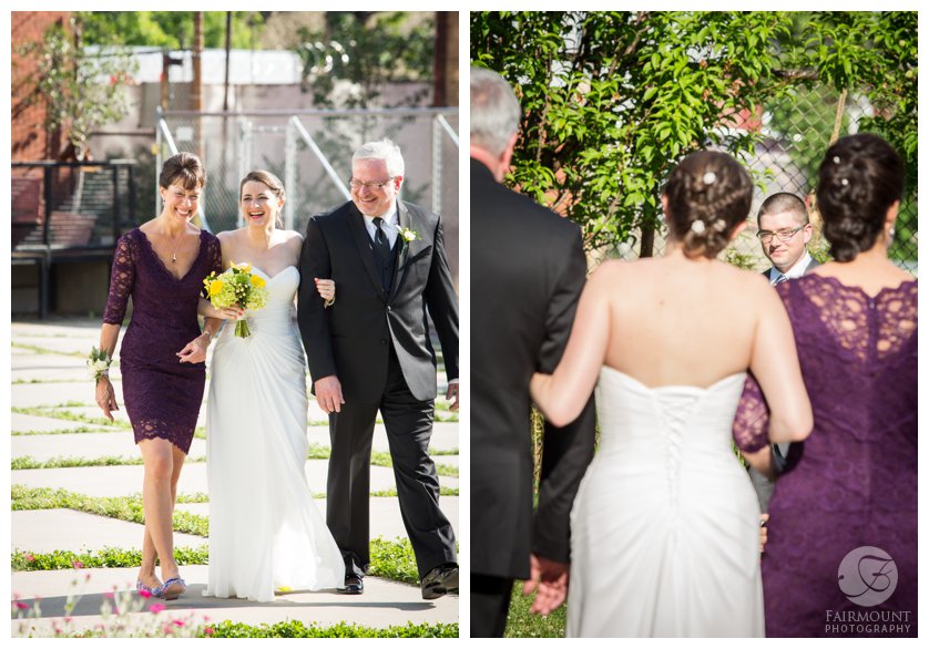 mom and dad walk bride down the aisle for summer wedding at Crane Arts