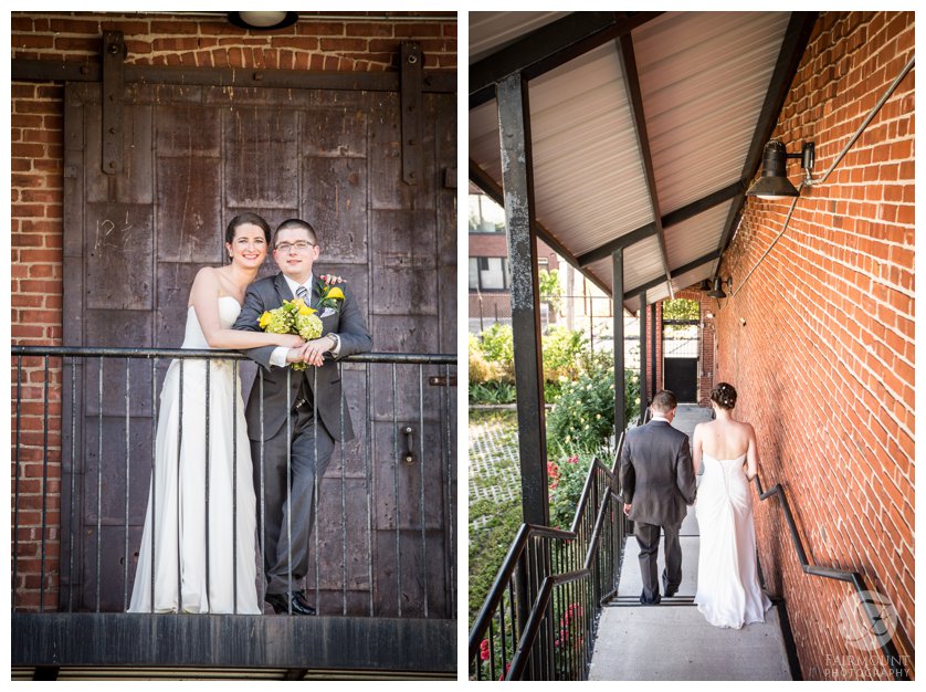 Bride and groom on stairs of old factory in North Philadelphia