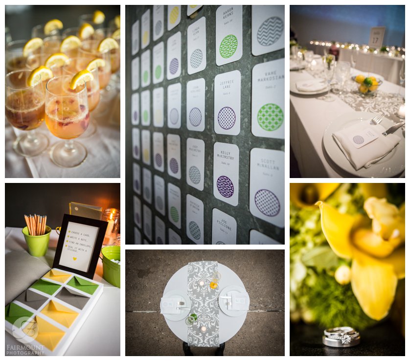 lemon and lime wedding colors for reception in the Ice Box at Crane Arts