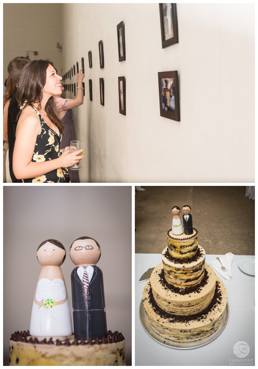 Chocolate Chip cake with handmade wooden bride & groom topper