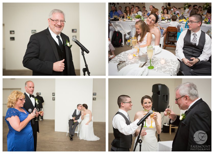 Father of the bride toast, bride & groom hold personalized champagne flutes