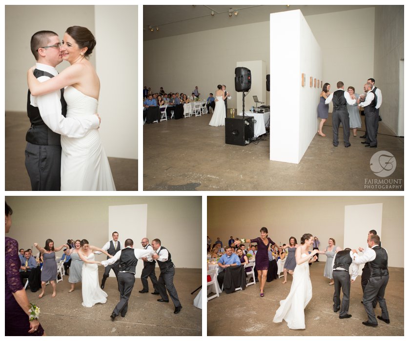 bride & groom dance with bridal party during reception at refurbished factory in North Philadelphia