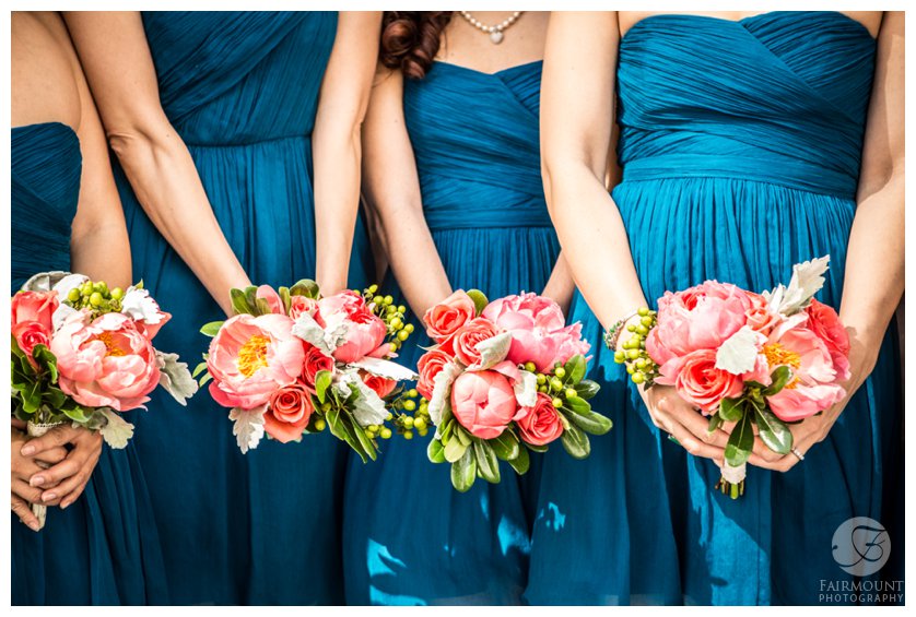 Philadelphia Wedding Photographer Turquoise Bridesmaid Dresses and Pink Flowers