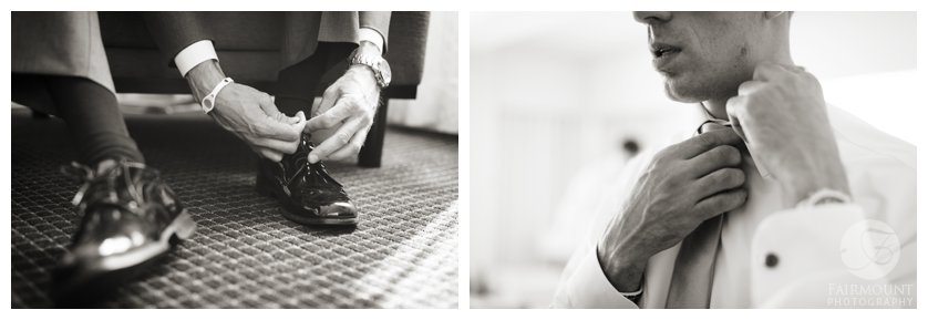 groom puts on shoes and tie for April wedding in Philadelphia, PA