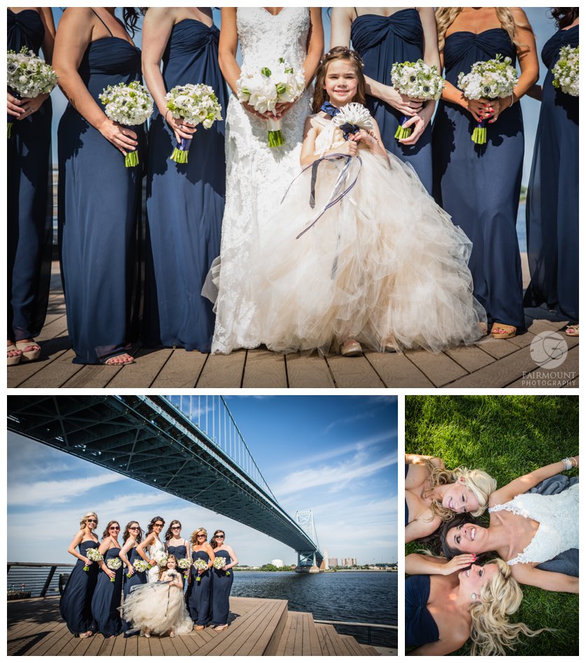 fun bridal party photos with bridesmaids wearing floorlength dark blue dresses