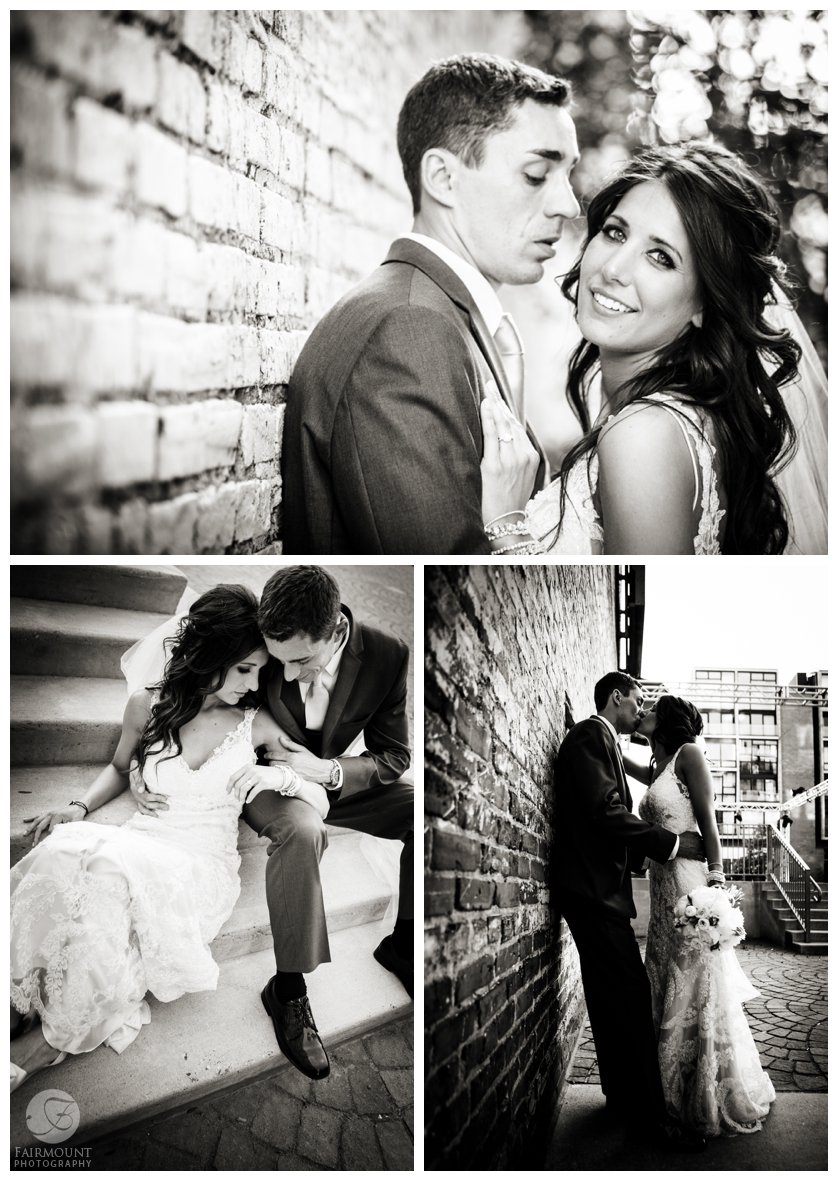 dramatic black & white bridal portraits by brick wall in the Piazza in Philly