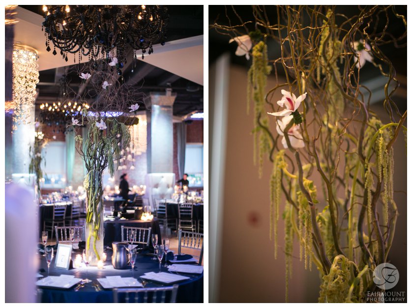 dramatic tall centerpieces with curly willow, orchids and hanging moss