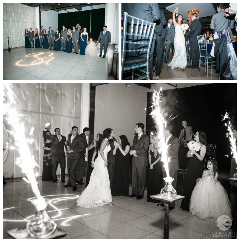 bride & groom enter Tendenza wedding reception with sparklers