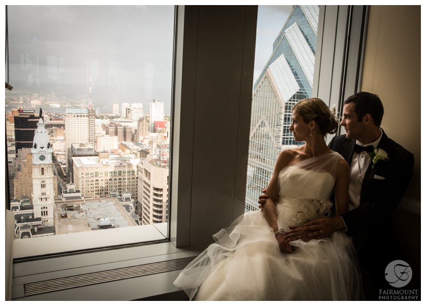 Bride and groom at the Pyramid Club, overlooking Philadelphia