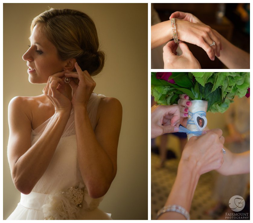 bride puts on her earrings and bracelet and attaches a photo of her father to the bride's bouquet