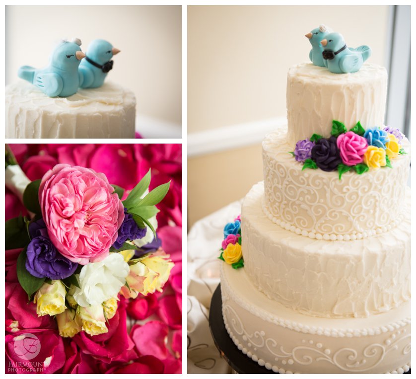 bluebirds on wedding cake, english tea roses in bridal bouquet
