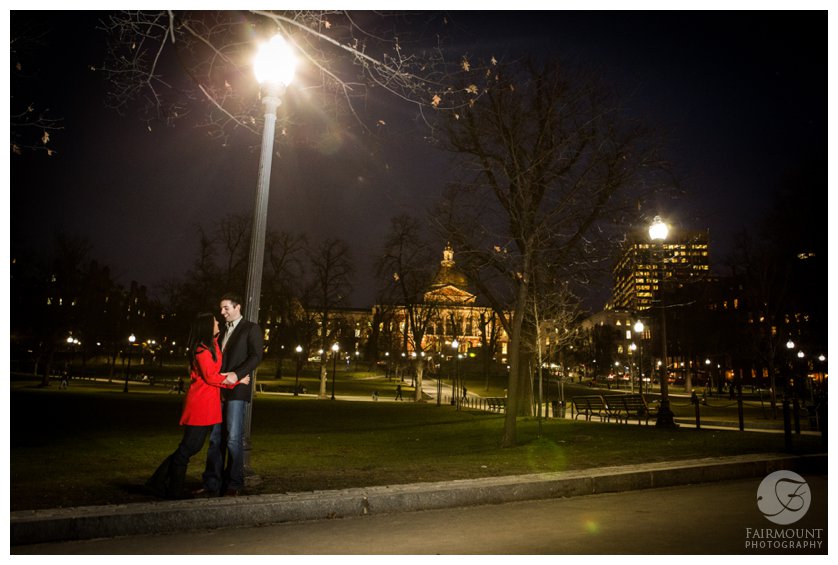 Night engagement photo of the Boston Common with the State House