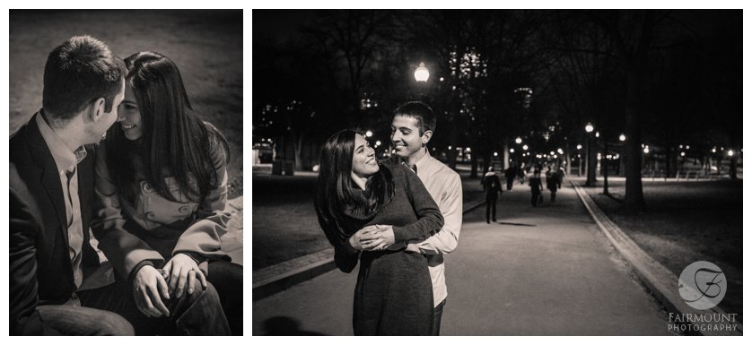 Night engagement photos in the Boston Common with holiday lights
