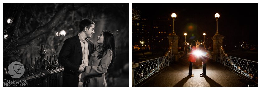 Engagement photo on the Boston Public Garden footbridge by the Swan boats