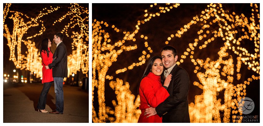 Engagement Photos on Commonwealth Avenue at night with lit trees