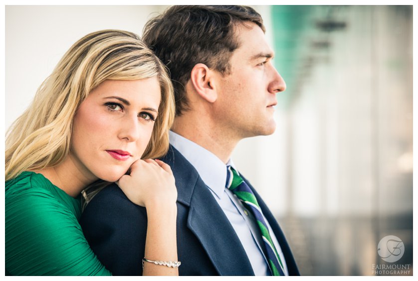 Emerald Green dress and navy suit for Boston ICA engagement photo session