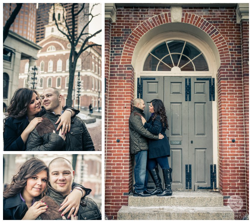 Couple in doorway of Faneuil Hall during winter engagement photos