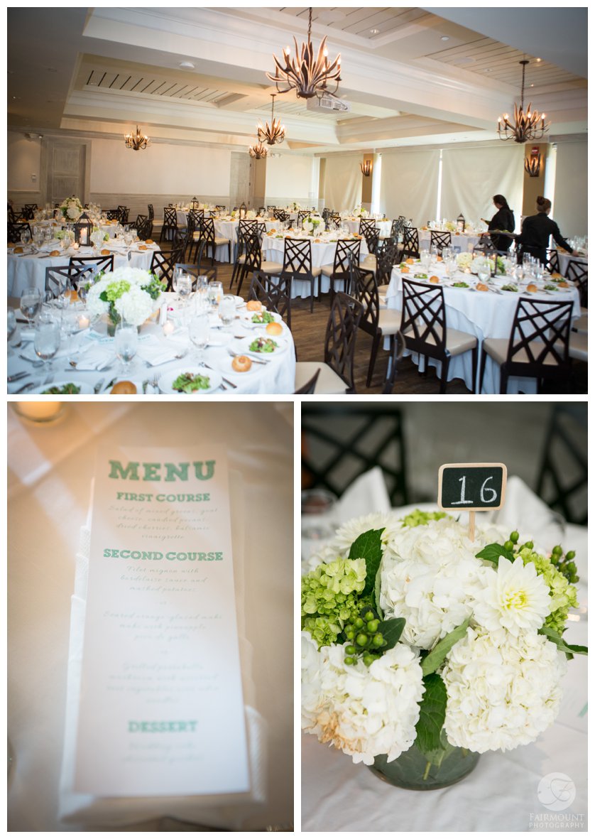 white hydrangea centerpieces for wedding reception in the Sweet Grass Ballroom
