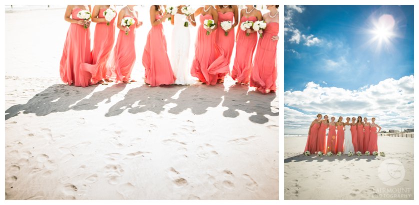 bridesmaids in coral dresses with white bouquets