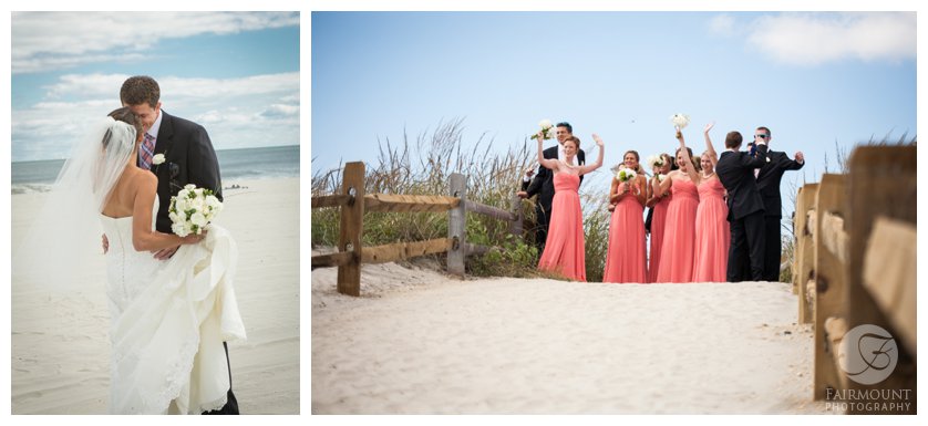 Bridal party cheers on bride & groom during beach first look