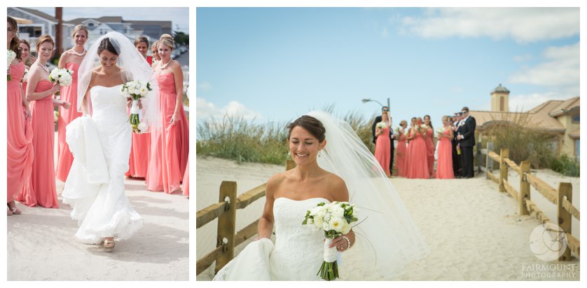 bridal party cheers on bride during first look on the beach in Stone Harbor